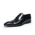 Classic black genuine leather Derby dress shoe for men with elegant brogue detailing - 37 / Black