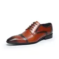Classic brown leather derby shoes for men with brogue detailing and pointed toe - 37 / Brushed Tan Brown