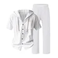 Front view of men's white linen set including hooded shirt and drawstring pants - S / Top And Bottom / White