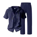 Full view of men's navy blue loose linen hooded shirt and matching trousers set - S / Top And Bottom / Navy Blue