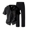 Detailed view of the black men's breathable linen hooded short sleeve shirt and long pants set - S / Top And Bottom / Black