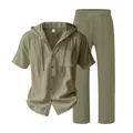 Premium men's olive green linen short sleeve hooded shirt and long trousers two-piece set - S / Top And Bottom / Army Green