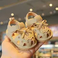 Toddler girl beige summer sandals featuring a decorative bow and heart hollow-out design - Size 16 (Inner Length 11.5cm) / Khaki