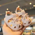 Pink baby girl summer sandals with large bow and hollow heart design, soft sole. - Size 16 (Inner Length 11.5cm) / Pink