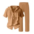 Set estivo da uomo in lino in due pezzi con camicia con cappuccio kaki e pantaloni - Giallo ocra