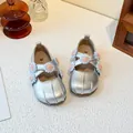Elegant silver girls' Mary Jane shoes featuring pink knitted flowers and cross strap design. - 22 / Silver