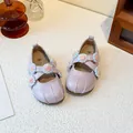 Elegant girls' lavender Mary Jane shoes featuring decorative woven flowers and cross straps. - 22 / Light Purple
