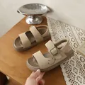 Close-up of beige children's sandals with smiley face embroidery and velcro strap - 26 / Khaki