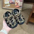 Macro detail of breathable kids leopard print sports sandals with adjustable straps - Size 24 (Inner 15.8cm) / Leopard Print
