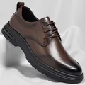 Stylish men's brown leather oxford shoes featuring black gradient toe and soft thick sole - Brown All-season