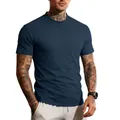 Men's athletic slim fit crew neck quick-dry T-shirt in solid dark blue color for workout - Navy Blue