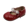 Red patent leather girls' princess flats with pearl beaded strap and decorative bow - Size 21 (Inner Length 13.3cm) / Red