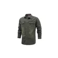 Men's loose long-sleeved cotton casual shirt in distressed olive green with chest pockets - S / Tops / Dark Green