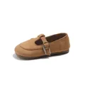 Elegant brown suede T-strap flats for girls featuring a square toe and adjustable buckle - Size 21-25 / 5 Pairs / Camel