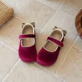 Elegant burgundy velvet Mary Jane shoes for girls with golden bow heel detail - Size 21 (Inner 13cm) / Red