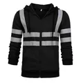 Close-up view of a black men's hoodie featuring high-visibility silver reflective stripes - M / Tops / Black