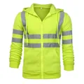 Detailed view of neon yellow high-visibility hooded jacket with reflective silver stripes. - M / Tops / Fluorescent Green