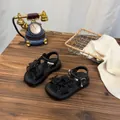 Detailed macro shot of stylish girls' black bow sandals with pearls and thick soles - 26 (Inner Length 16.5cm) / Black
