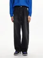 Detail view of men's loose straight leg washed vintage denim jeans in dark grey - S / Black