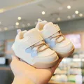 Breathable cream mesh baby walking shoes with soft non-slip soles and blue heart patterns - Size 17 (Inner Length 12cm) / Brown