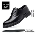 Black men's formal business leather shoes with 3cm flat sole and standard insole. - Black Flat
