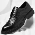Elegant men's black crocodile texture Brogue shoes with thick sole and British style - 38 / Standard Style (82135) / Black