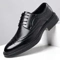 Elegant black men's Brogue shoes with classic wingtip perforations and thick sole - 38 / Perforated Style (82135) / Black