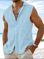 Detailweergave van een lichtblauw mouwloos katoenen linnen strandhemd voor heren casual zomer - S / Tops / Lichtblauw