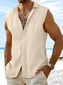 Men's stylish sleeveless cotton linen beach shirt featuring a loose fit and lapel collar - Apricot
