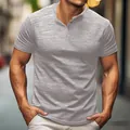Detailed close-up of a grey slub cotton Henley T-shirt for men with button placket - S / Tops / Light Gray