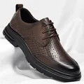 Men's breathable brown hollow business casual dress shoes with British style design - Hollow Brown