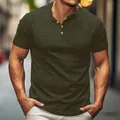 Close-up detail of an olive green men's Henley shirt featuring slub cotton texture. - S / Tops / Army Green