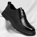 Classic black men's business leather shoes with breathable laser-cut hollow design - Black Hollow