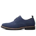 Men's navy blue suede lace-up derby shoes with round toe and stylish brown sole - Blue