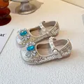 Shiny silver girls crystal princess flats with blue rhinestone flower and pearls - Blue