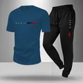 Ensemble de sport 2 pièces pour homme avec t-shirt bleu et pantalon noir, imprimé PARIS. - S / Haut Et Bas / Manches Courtes & Pantalon / Bleu
