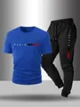 Ensemble de sport pour hommes avec t-shirt bleu et pantalon noir motif Paris chic - S / Haut Et Bas / Manches Courtes & Pantalon / Bleu saphir