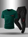 Vue détaillée d'un ensemble de sport pour hommes avec texte Paris et rayures - S / Haut Et Bas / Manches Courtes & Pantalon / Vert Foncé