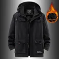 Premium men's thickened hooded jacket with warm fleece lining and retro multi-pocket design - Black