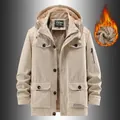 Men's khaki hooded jacket with thick fleece lining and multi-pockets for winter warmth. - Off White