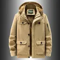Men's thickened khaki hooded jacket with soft fleece lining and multiple pockets - Khaki