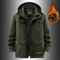 Men's heavy fleece-lined hooded jacket with vintage multi-pocket design in olive green. - Army Green