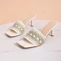 Elegant white bohemian high heel slides featuring golden embroidery and a square toe design - 36 / Beige