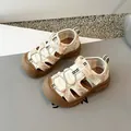 Kids closed-toe hollow-out sandals with cartoon animal pattern in beige and brown - Size 21 (13.5cm) / Khaki