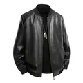 Classic black men's motorcycle faux leather jacket with full zip and ribbed trim - M / Tops / Black (811)