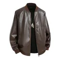 Classic men's casual brown leather bomber jacket with stand collar and zipper closure - M / Tops / Coffee (811)