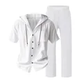 Men's white linen short sleeve hooded shirt and trousers two-piece summer beach set - White