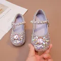 Elegant sparkly pink princess shoes for girls decorated with large rhinestones and pearl strap - 23 / Violet