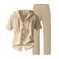 Men's casual summer linen set with hooded short sleeve shirt and matching long pants - Khaki