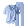 Men's light blue cotton linen hooded short sleeve shirt and trousers set for summer - Light Blue